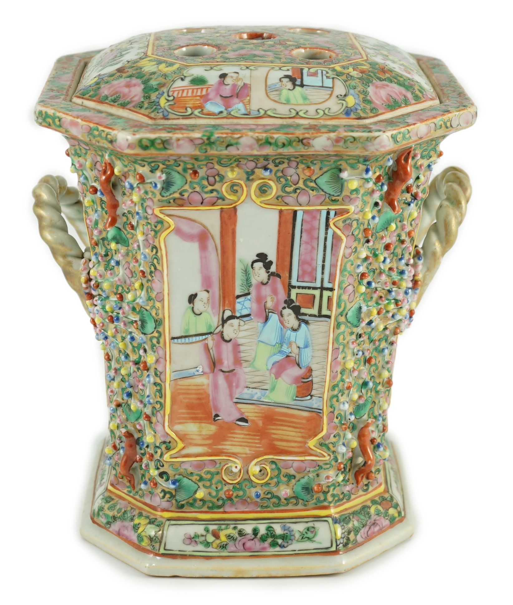 A Chinese Canton (Guangzhou) famille rose decorated bough pot and cover, c.1830, 22cm high, wear to gilding